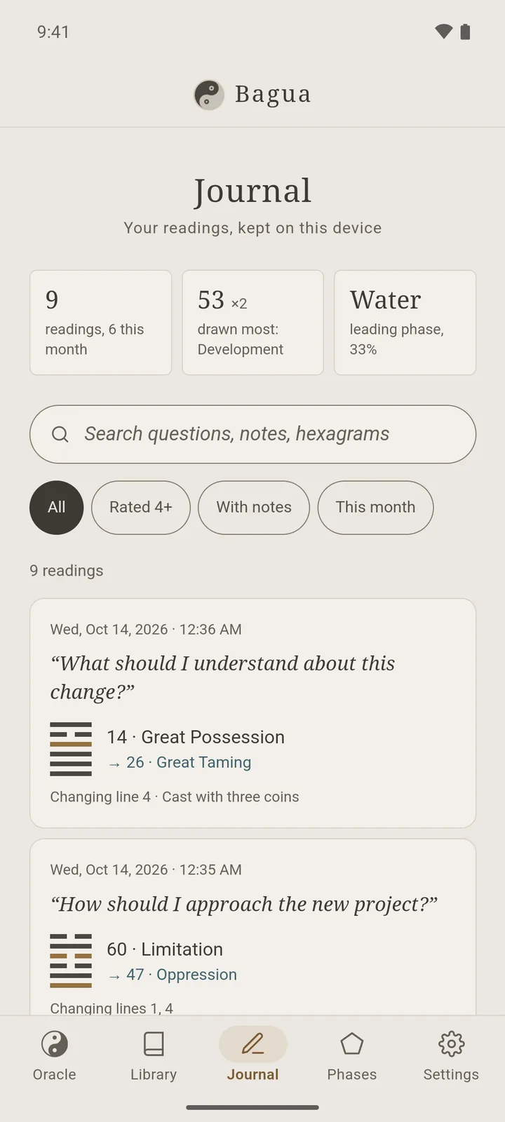 The Bagua journal: 9 readings, 6 this month, hexagram 53 drawn most and Water the leading phase, then a search field, filters (All, Rated 4+, With notes, This month) and the latest readings